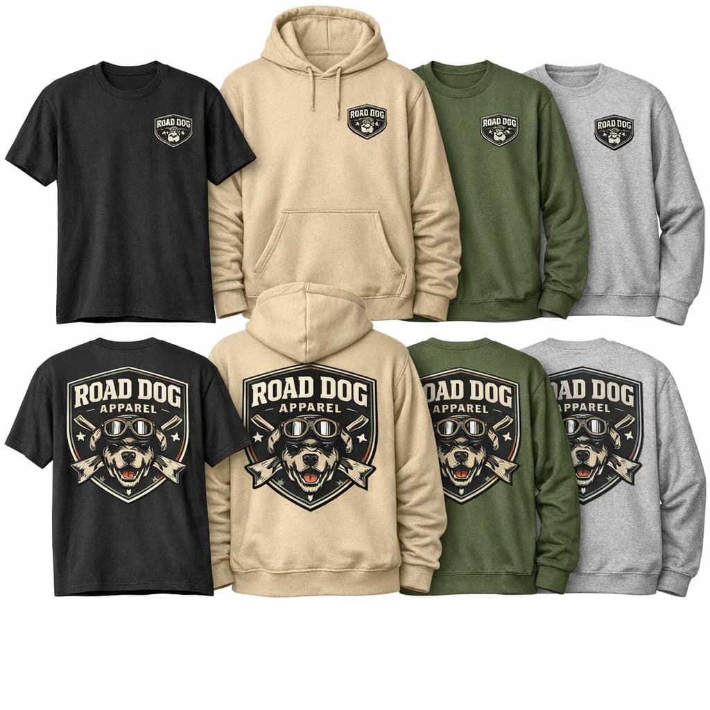 Road Dog Apparel tees, hoodies, and crewnecks shown from the front and back