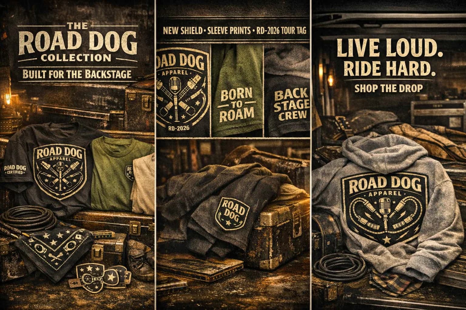 Road Dog Collection displayed among vintage road cases and backstage gear