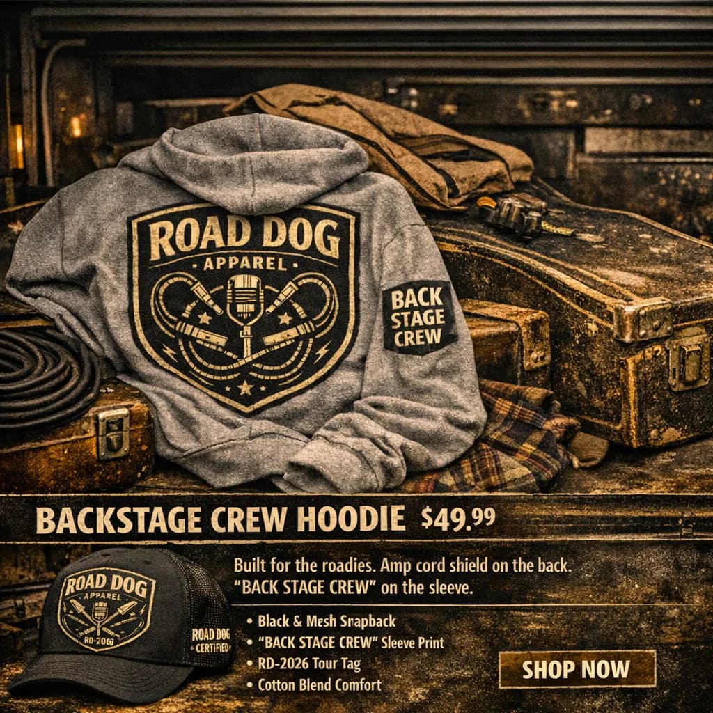 Gray Road Dog Apparel Backstage Crew hoodie staged on vintage road cases