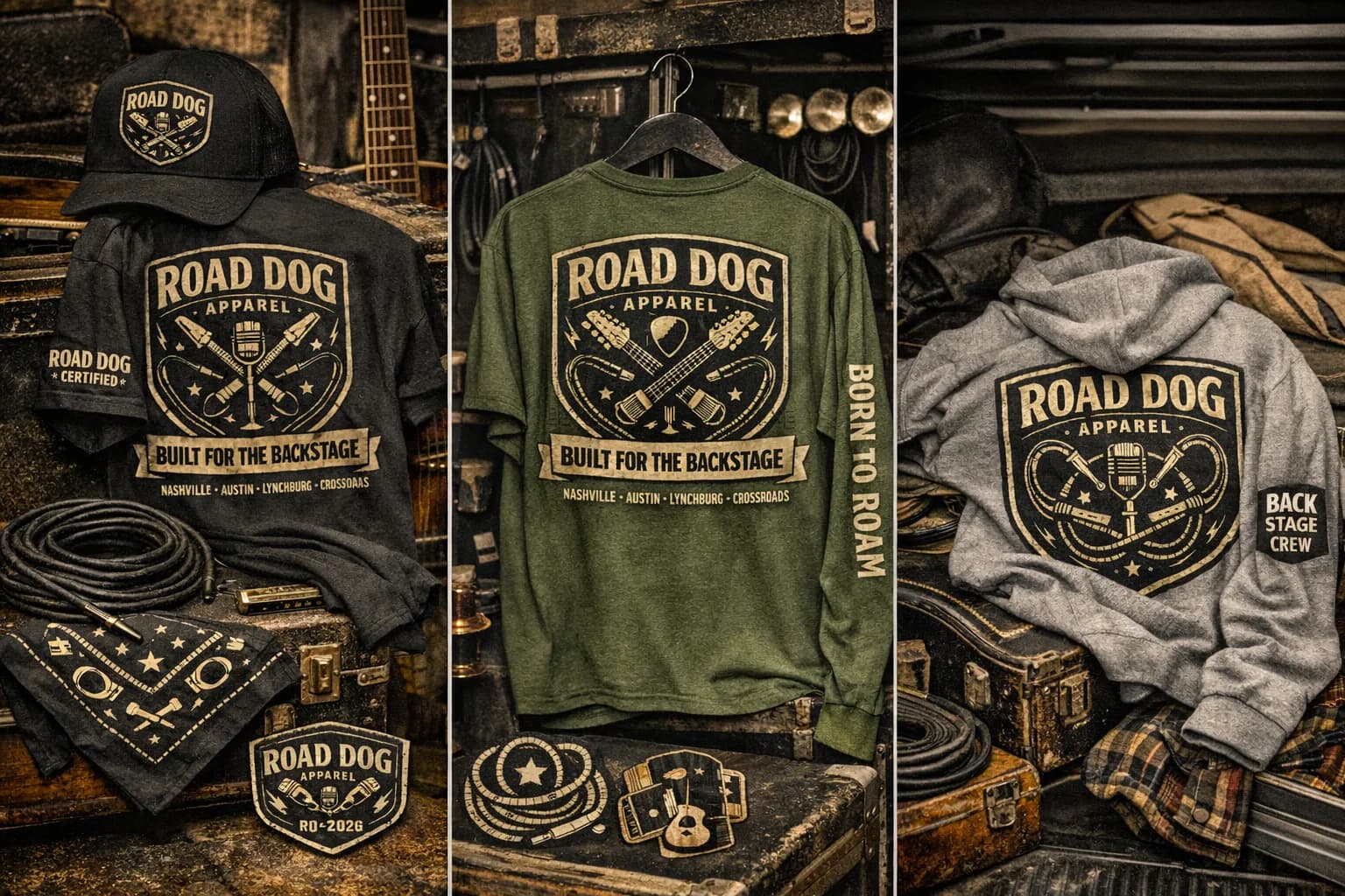 Road Dog Apparel shirts, hoodie, hat, bandana, and patches staged with touring equipment