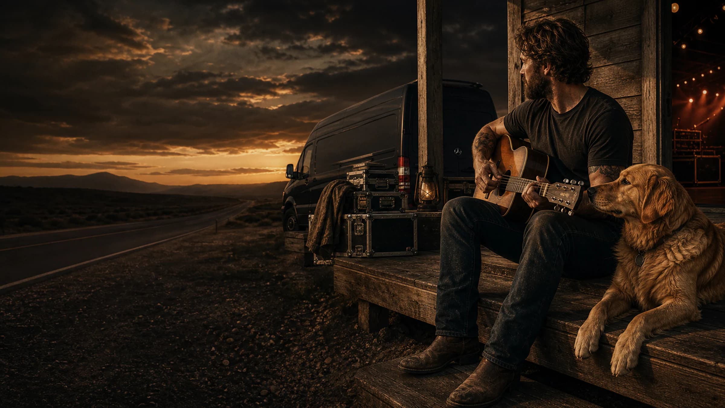 Traveling musician with a guitar and loyal dog beside a tour van on a ranch porch at sunset