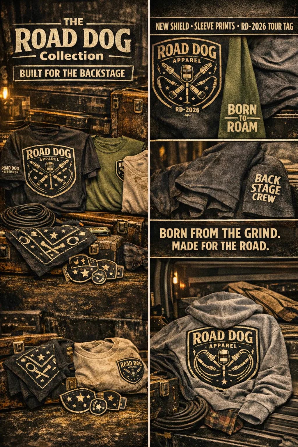 Road Dog Apparel collection details, patches, shirts, and backstage hoodie