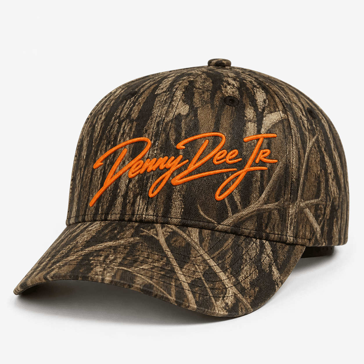 Mossy Oak Original Bottomland camouflage cap with a blaze-orange embroidered Denny Dee Jr signature